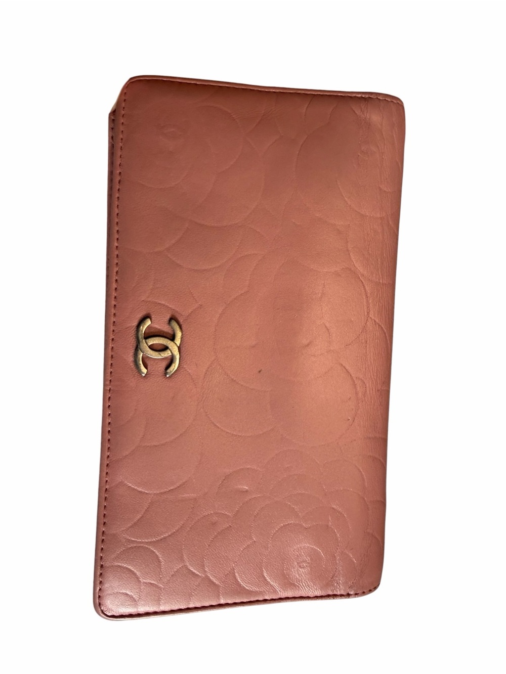 Authentic CHANEL Coral Pink Quilted Leather Long Wallet with Gold CC